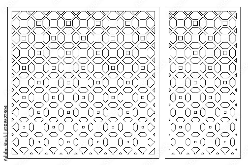 Set decorative card for cutting. Geometric figures pattern. Laser cut panel. Ratio 1:1, 1:2. Vector illustration.