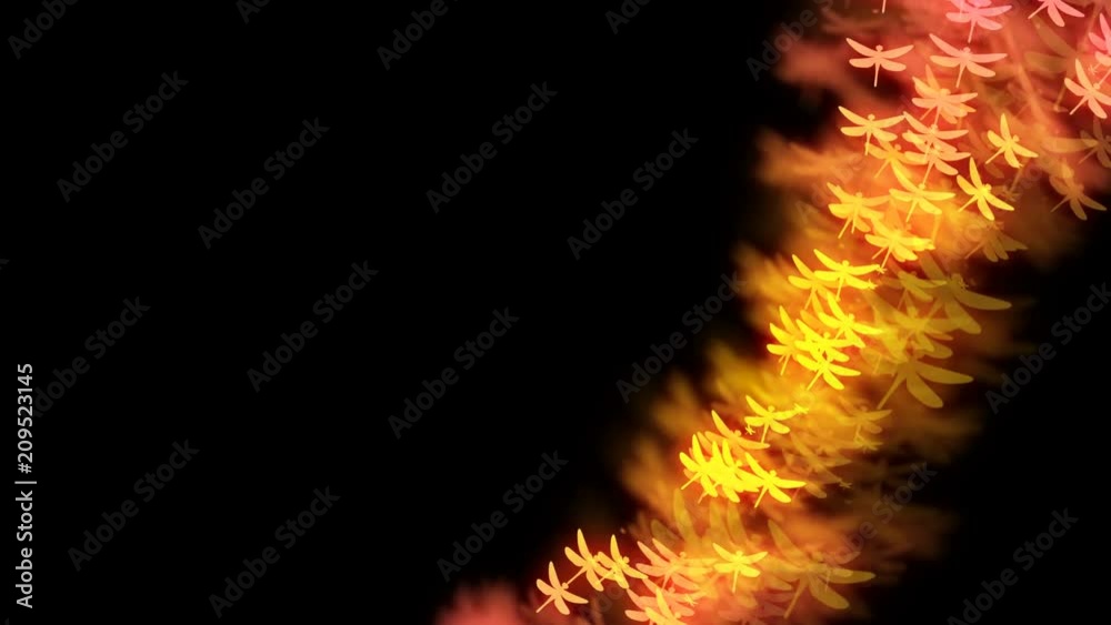 Abstract bokeh light sparkles dragonfly flying pattern yellow and pink gradient color illustration on dark background, seamless looping animation 4K with left copy space