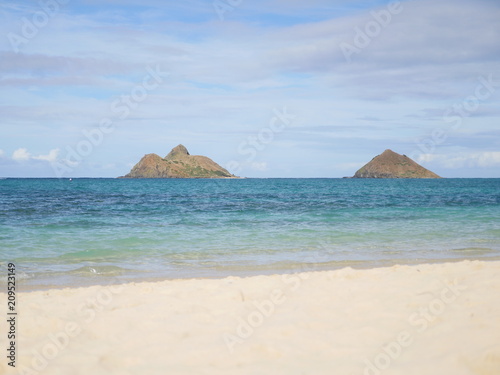 Lanikai beach two islands the mokes on the ocean horizon Kailua hawaii