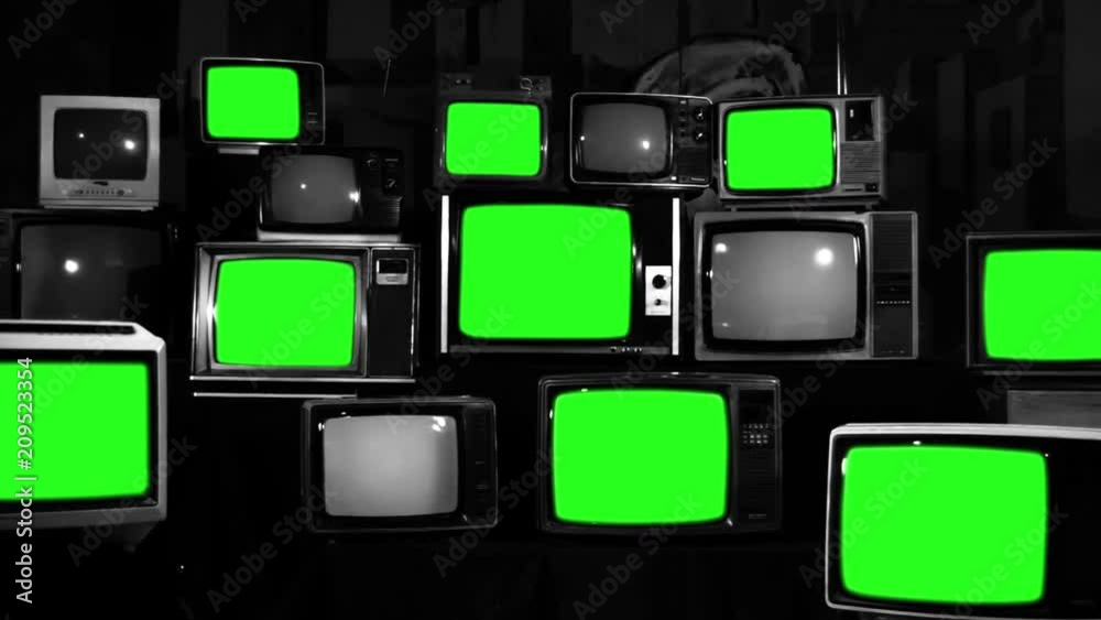 Many TVs with Green Screens. Zoom Out. Black and White Tone. You can