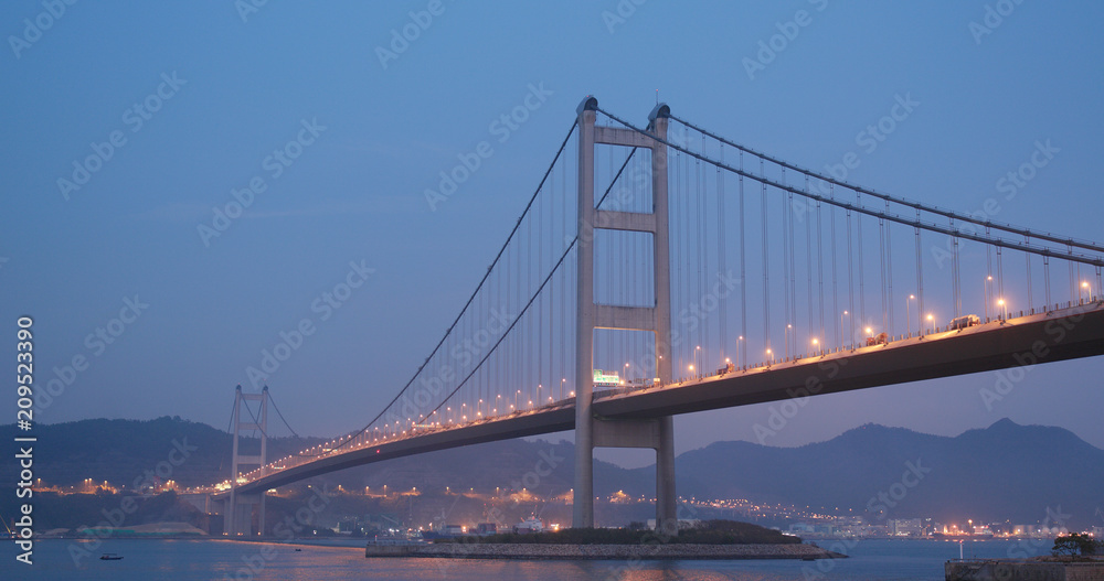 Tsing ma suspension bridge in Hong Kong st sunset time