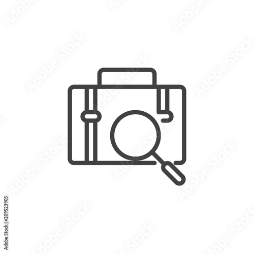 Magnifying glass with portfolio briefcase outline icon. linear style sign for mobile concept and web design. Baggage search simple line vector icon. Symbol, logo illustration. Vector graphics