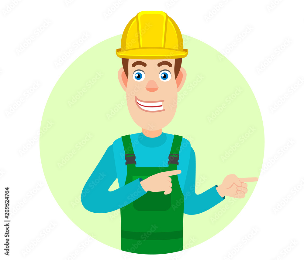 Builder pointing something beside of him Builder pointing something beside of him