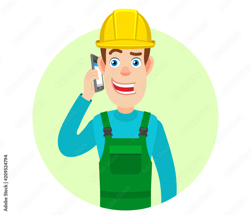 Builder talking on mobile phone