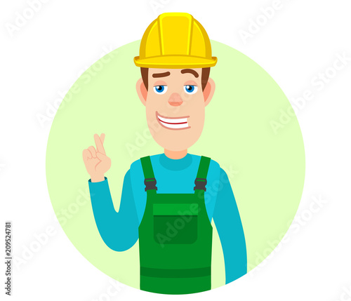 Builder with crossed fingers