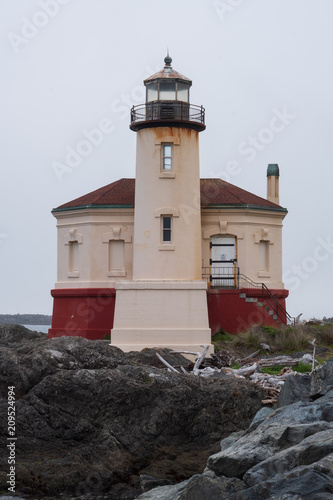 Coquille River Lighthouse on a foggy late afternoon in Bandon on the Oregon Coast