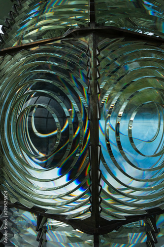 Close up view of the Fresnel lens inside the Cape Blanco Lighthouse on the Oregon Coast