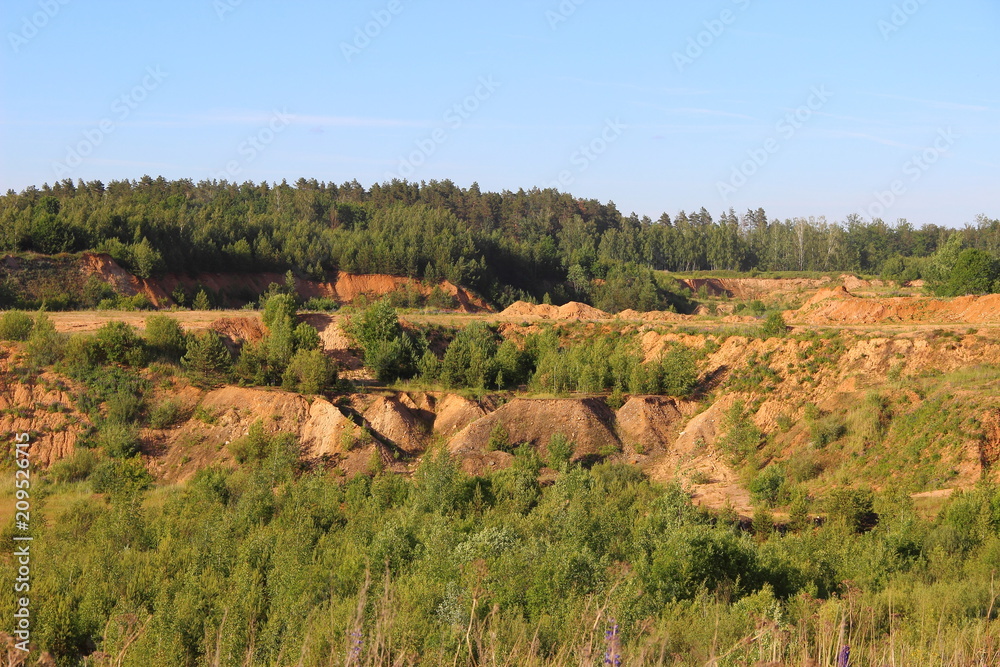 Fototapeta premium Overgrown with trees and grass abandoned sand quarry in the summer in good weather against the blue clear sky