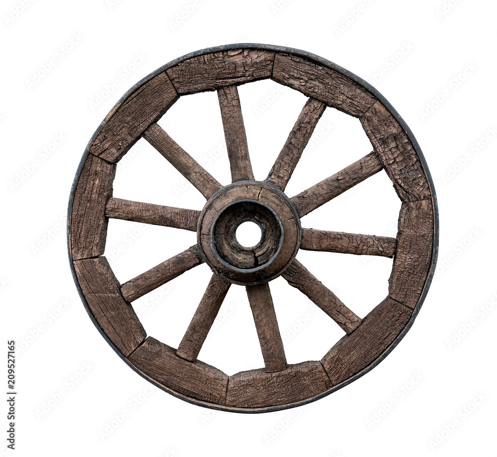 Old wooden wagon wheel isolated on white background Old wooden wagon wheel isolated on white background