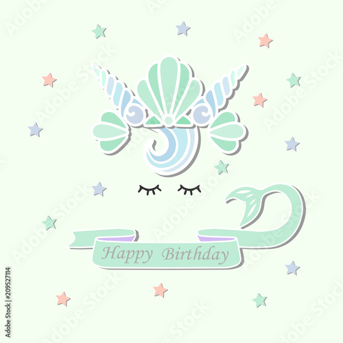 Vector illustration with Mermaid tail, sea shell crown. Mermaid as patch, sticker, cake toppers, laser cut plastic, t-shirt design.Template for Mermaid style party invitation, birthday, greeting card