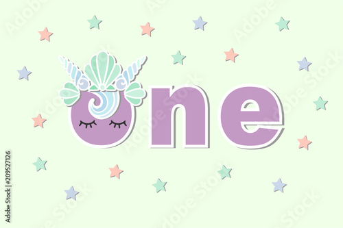 Vector illustration One with Mermaid's Sea Shells Crown. Template for Baby Birthday, party invitation, greeting card, t-shirt design. Cute One as First year anniversary logo, patch, sticker.