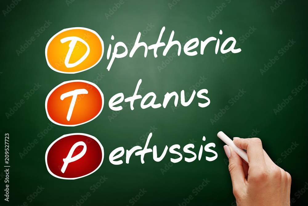 DTP - Diphtheria Tetanus Pertussis acronym, concept on blackboard DTP - Diphtheria Tetanus Pertussis acronym, concept on blackboard