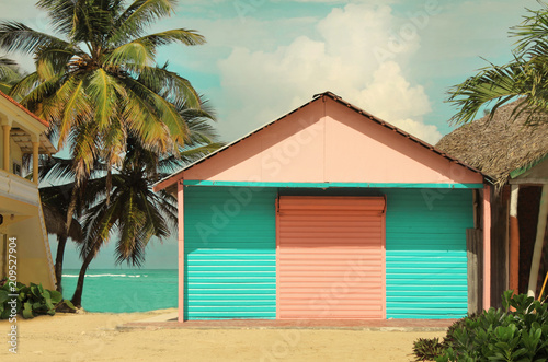 Traditional caribbean styled colorful wooden log cabin, pink and blue, warm pastel toned, on coast with seaview and palms behind.  photo