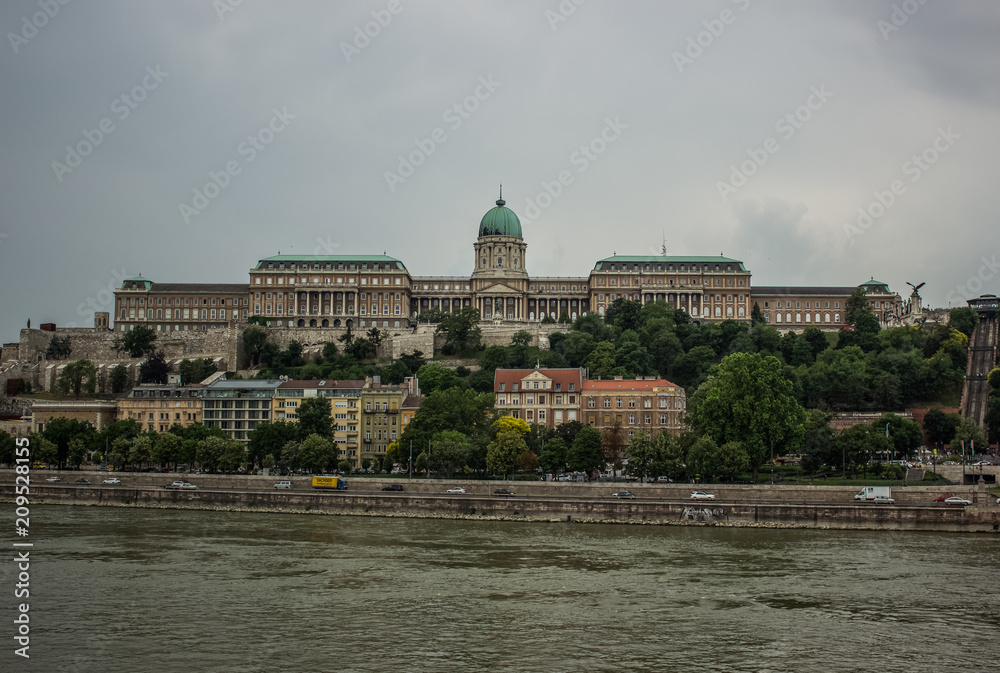Budapest old castle architecture facade city scape and waterfront Danube river district 