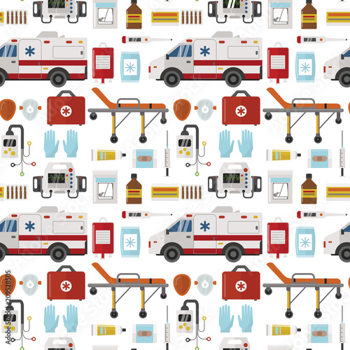 Ambulance vector medicine health emergency hospital urgent pharmacy pill support paramedic treatment seamless pattern background illustration