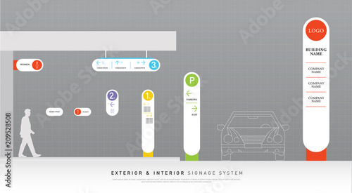 exterior and interior signage white and color concept. direction, pole, wall mount and traffic signage system design template set. empty space for logo, text corporate identity