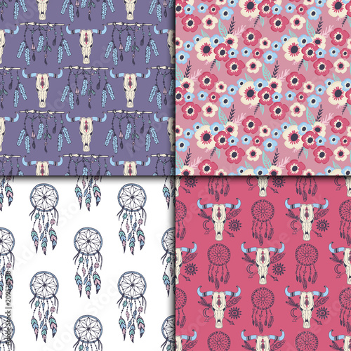 Creative vector boho style frames mady ethnic feathers arrows and floral elem...