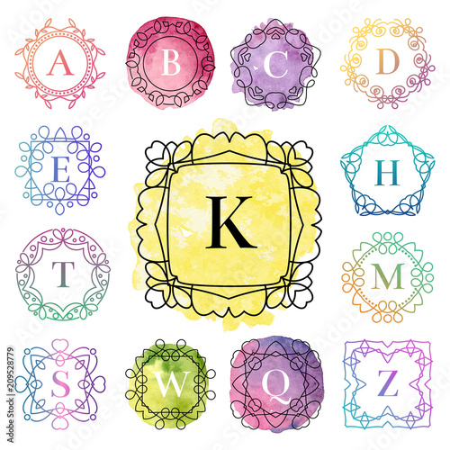 Monogram template with flourishes calligraphic elegant ornament watercolor ba...