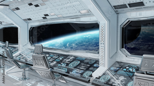 Fototapeta Naklejka Na Ścianę i Meble -  White clean spaceship interior with view on planet Earth 3D rendering