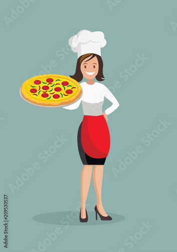 Chef woman with pizza.