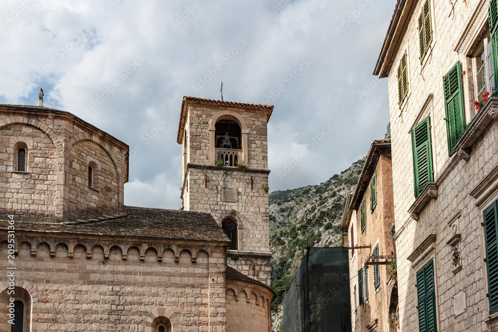Old historical buildings in the ancient town of Kotor at Montenegro