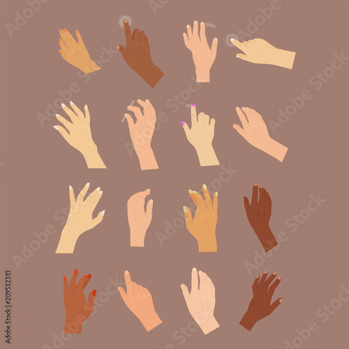 Human vector hand press button arm finger control push pointer cursor target gesture internet human body part different colors hands illustration