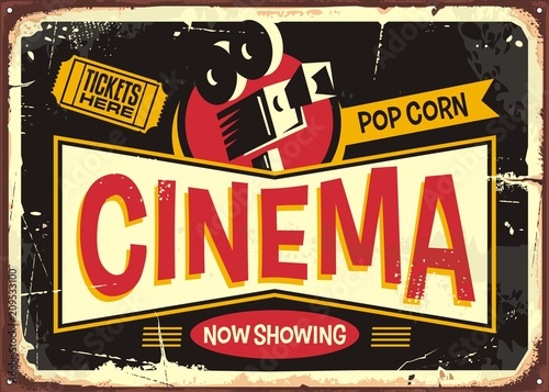 Cinema retro tin sign vector design template. Vintage entertainment poster layout with movie camera and cinema ticket on black background.