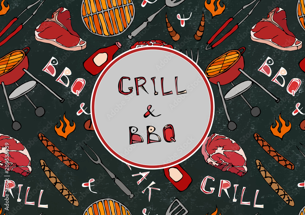 Seamless Pattern of Summer BBQ Grill Party. Steak, Sausage, Barbeque Grid, Tongs, Fork, Fire, Ketchup. Black Board Background and Chalk. Hand Drawn Vector Illustration. Savoyar Doodle Style. Seamless Pattern of Summer BBQ Grill Party. Steak, Sausage, Barbeque Grid, Tongs, Fork, Fire, Ketchup. Black Board Background and Chalk. Hand Drawn Vector Illustration. Savoyar Doodle Style.