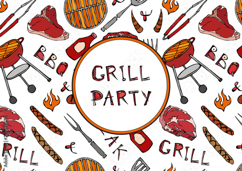 Seamless Pattern of Summer BBQ Grill Party. Steak, Sausage, Barbeque Grid, Tongs, Fork, Fire, Ketchup. Hand Drawn Vector Illustration. Savoyar Doodle Style.