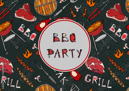 Seamless Pattern of Summer BBQ Grill Party. Steak, Sausage, Barbeque Grid, Tongs, Fork, Fire, Ketchup. Black Board Background and Chalk. Hand Drawn Vector Illustration. Savoyar Doodle Style.