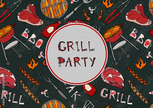 Seamless Pattern of Summer BBQ Grill Party. Steak, Sausage, Barbeque Grid, Tongs, Fork, Fire, Ketchup. Black Board Background and Chalk. Hand Drawn Vector Illustration. Savoyar Doodle Style.