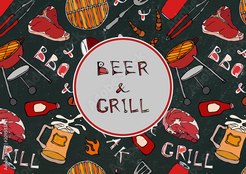 Seamless Pattern of Summer BBQ Grill Party. Beer, Steak, Sausage, Barbeque Grid, Tongs, Fork, Fire, Ketchup. Black Board Background and Chalk. Hand Drawn Vector Illustration. Savoyar Doodle Style.