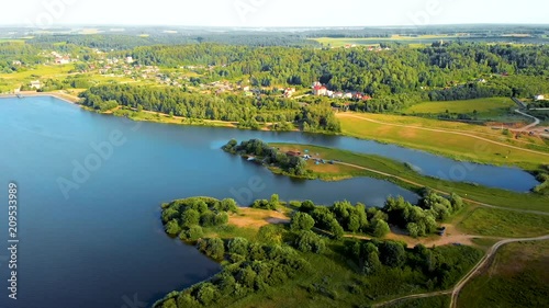 Drone footage of Dubrova water reservoir near Minsk at summer evening