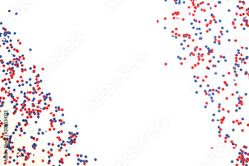 patriotism, independence day USA, Russia, France, Serbia, confetti and candy white-blue-red in a glass jar on a white background, isolate