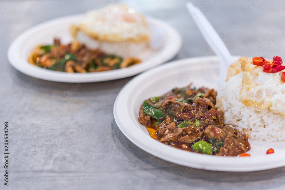 Rice topped with stir-fried pork or beef and basil Rice topped with stir-fried pork or beef and basil
