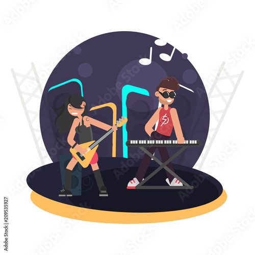 Duet of musicians for bass guitar and synthesizer on stage color flat illustration