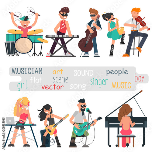 Musicians with their musical instruments set. Color vector illustrations