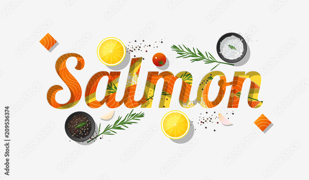Naklejka premium Word salmon design decorated with fresh raw salmon fish and spices on white background , vector , illustration