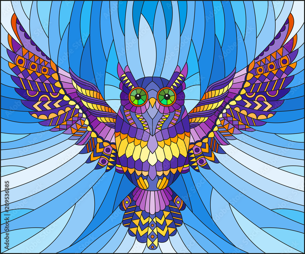 Obraz premium Illustration in stained glass style with abstract purple owl flying on sky background