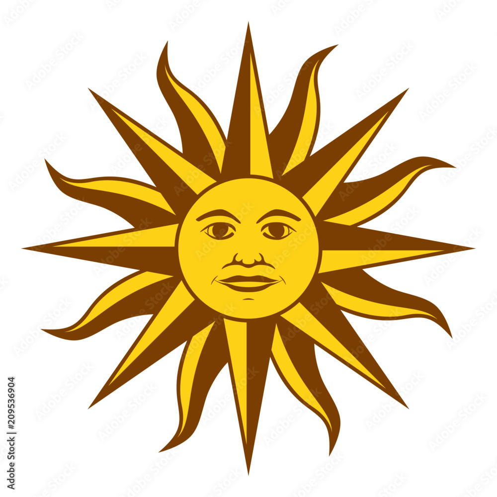 Sun of May, Spanish Sol de Mayo, a national emblem of Uruguay on the country flag. Radiant golden yellow sun with a face and sixteen straight and sixteen wavy rays. Illustration over white. Vector.