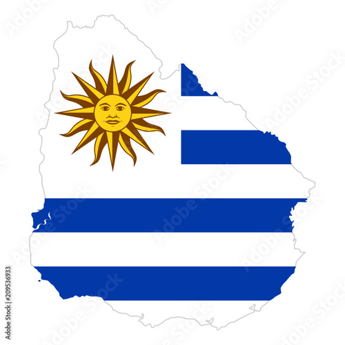 National flag of Uruguay with Sun of May in the country silhouette. Country flag with national emblem Sol de Mayo on white canton and white and blue horizontal stripes. Illustration over white. Vector photo