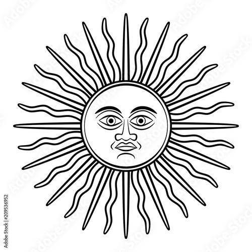 Sun of May, Sol de Mayo, symbol, appearing on early Argentine silver coins. National emblem of Argentina and Uruguay on their country flags. Sun with face and sunbeams. Illustration over white. Vector