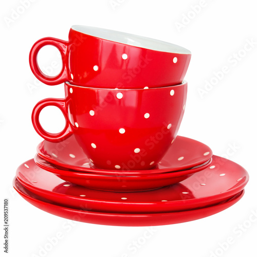 Set of dishes -  Two red cups and plates  -  Service photo