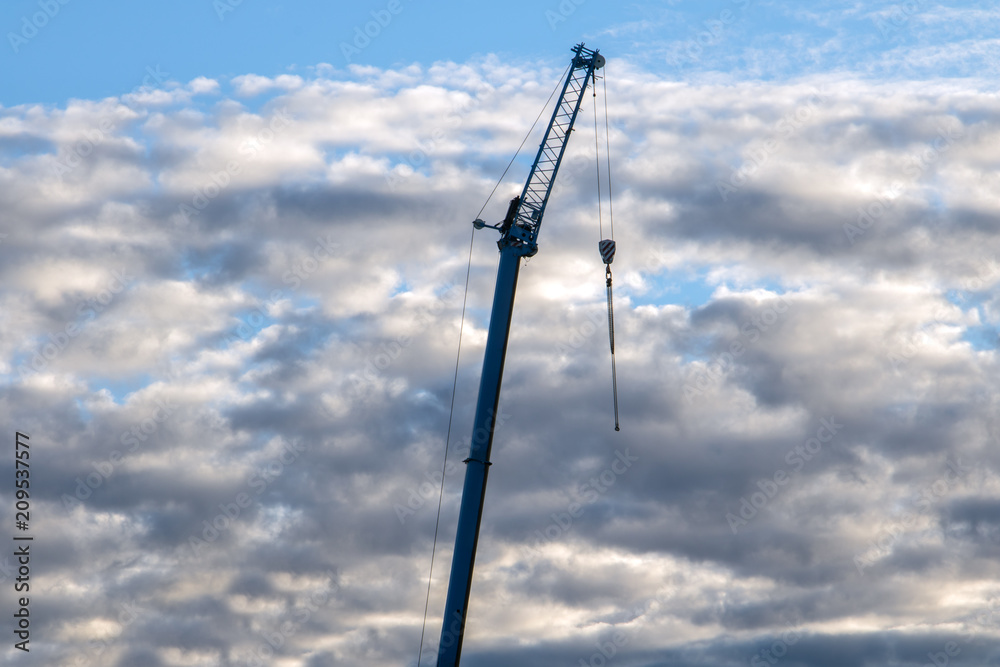 Evening clouds float on the sky with a dark silhouette of standing crane