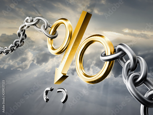 Creative percent sign in the form of a metal chain. The idea of a torn metal chain in the background is a shining sky.