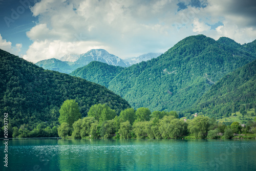 Green forest covering mountains at Most na Soci, Slovenia