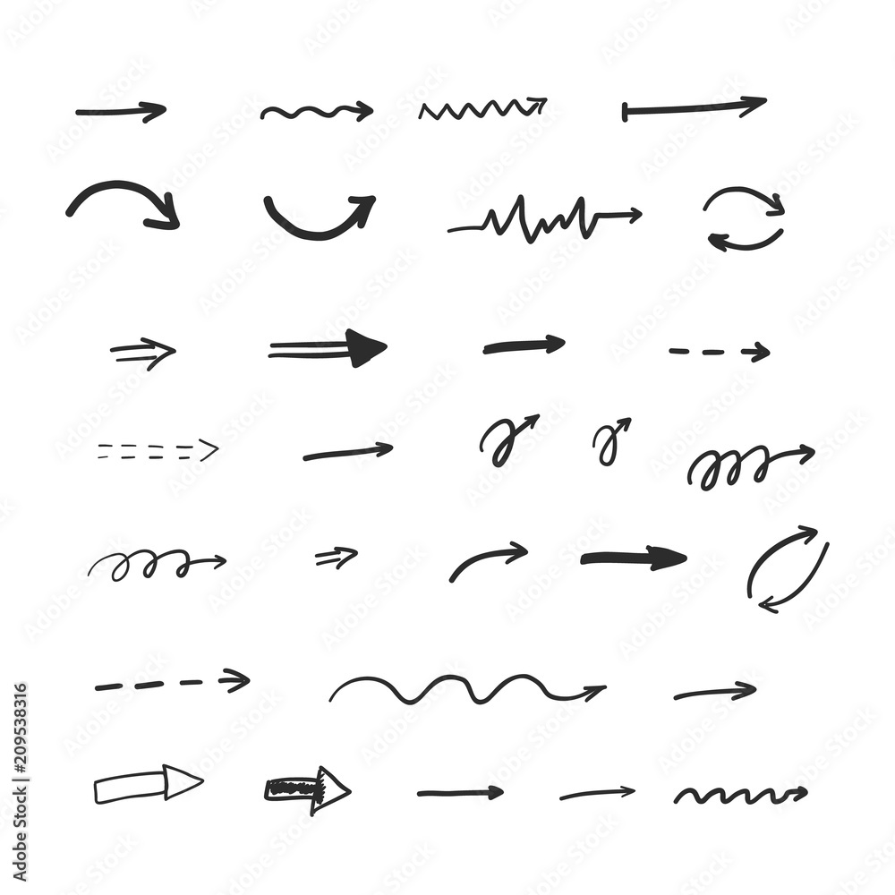 Set of 30 hand drown arrows. Black on white background. Sketch vector illustration. Navigation elements for websites or applications. Easy to edit design templateю