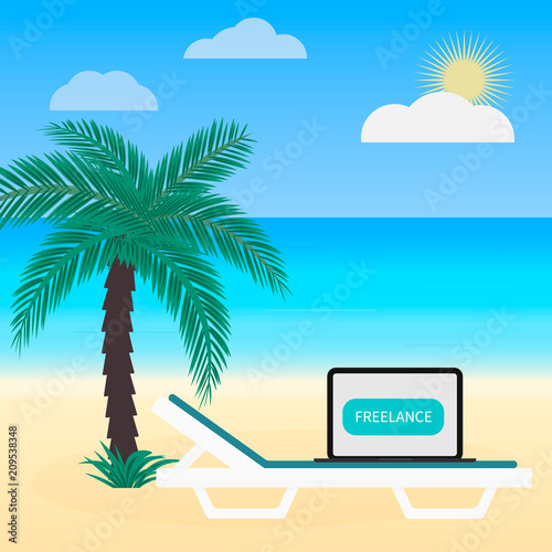 Freelance work vector illustration in flat style. Laptop on sunbed under palm tree on tropical beach. Distant job concept.