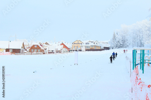 Ski base in a small town. People ski. Russia, January, 2018.