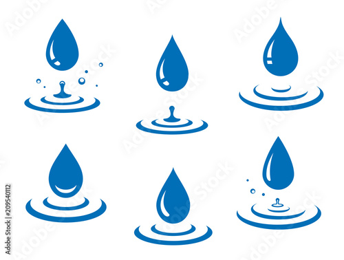 blue water drops icons set and splash